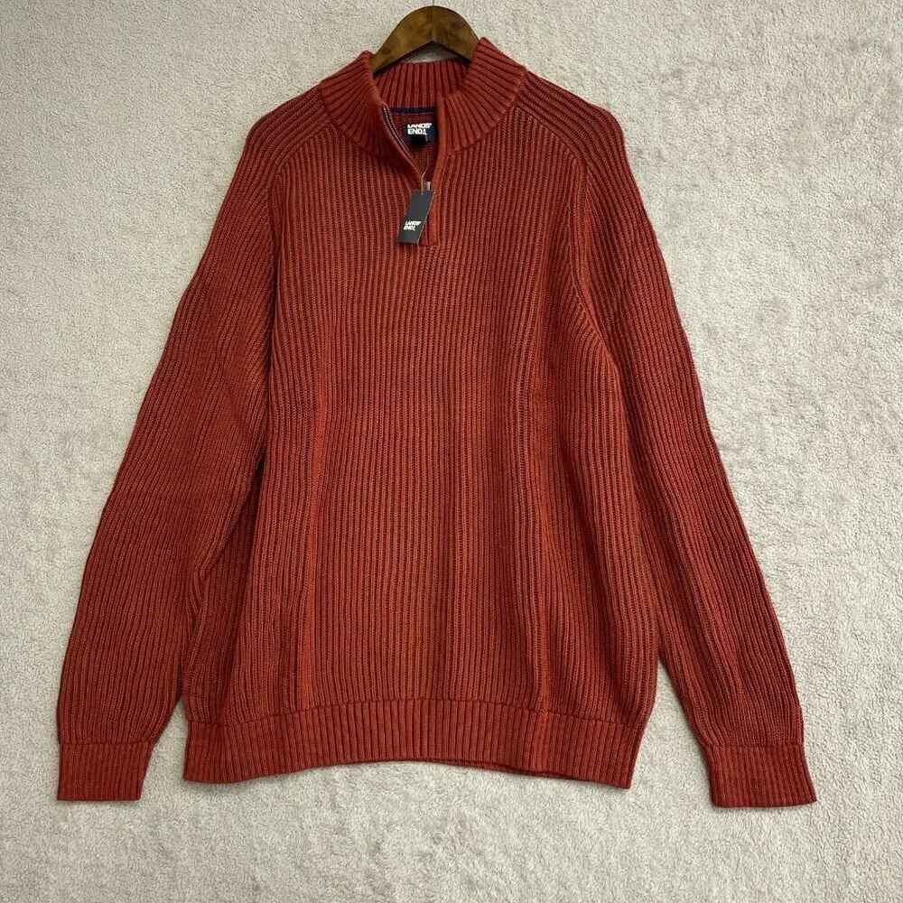 NEW Lands' End Drifter Men's XL 1/4 Zip Ribbed Sweater Rust Red 100% Cotton